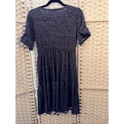 Tiffany & Grey Leopard Print Tiered Midi Dress M Black Gray Crew Neckline - Thumbnail 7