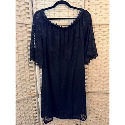 MIHOLL Off The Shoulder Lace Shift Loose Mini Dress Black L Flowy Straight Cut - Thumbnail 13