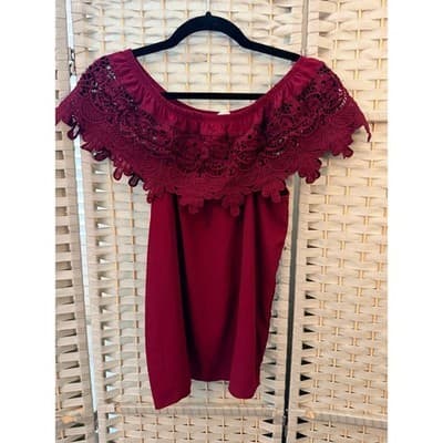 Tovia Off The Shoulder Lace Blouse Small Maroon Eyelet Trim Crochet Boho