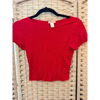 Bozzolo Ribbed Cropped Top S Red Crew Neckline Ruffled Details Short Sleeve - Thumbnail 2