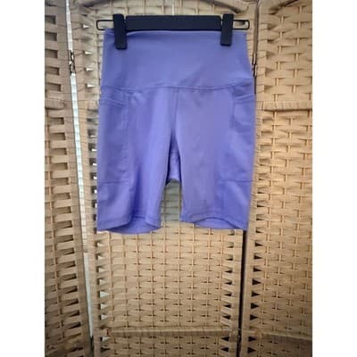 DANSKIN High Rise Waistband Women's Biker Shorts Purple S Athletic Side Pockets