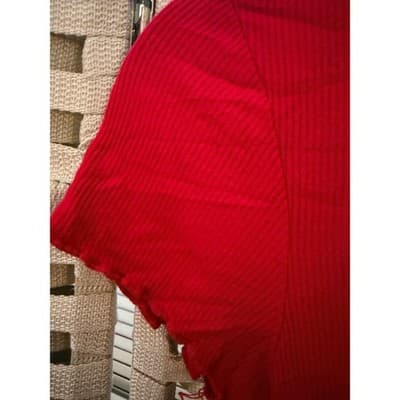 Bozzolo Ribbed Cropped Top S Red Crew Neckline Ruffled Details Short Sleeve - Thumbnail 4
