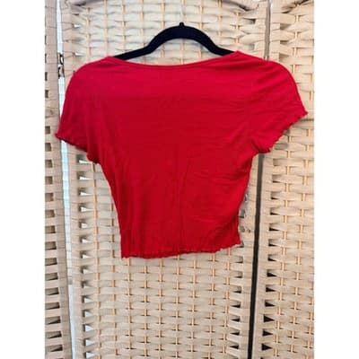 Bozzolo Ribbed Cropped Top S Red Crew Neckline Ruffled Details Short Sleeve - Thumbnail 6
