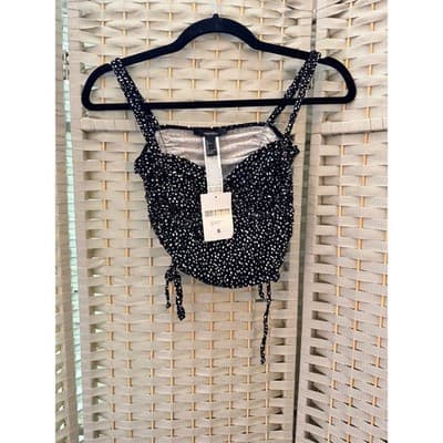 Forever 21 Ruched Sweetheart Crop Top S Black Ditsy Polka Dot Sleeveless NWT