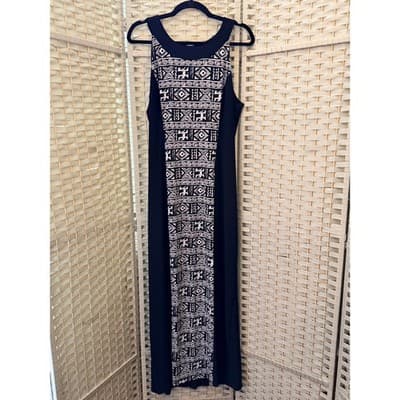 AB STUDIO Sleeveless Maxi Dress XL Black White Geometric Panel Straight Cut
