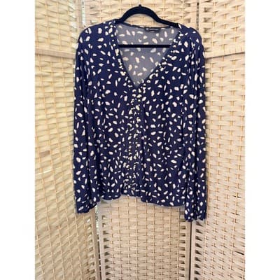 INC International Concepts Womens Navy Long Sleeve Blouse Gold Beaded Trim L
