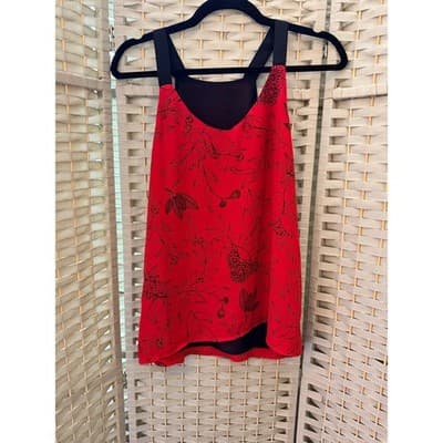 Women's Floral Print V Neck Camisole Wide Shoulder Strap Sleeveless Top Red