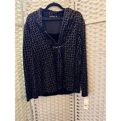 Notations Long Sleeve Pull Over Blouse XL Black Velvet Gold Shimmers Details NWT
