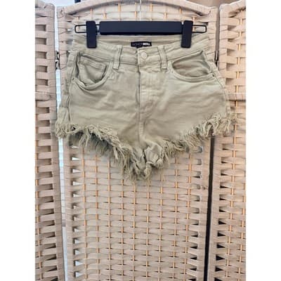 Fashion Nova Only Good Energy Frayed Hem Denim Short Sage Green Small - Thumbnail 2
