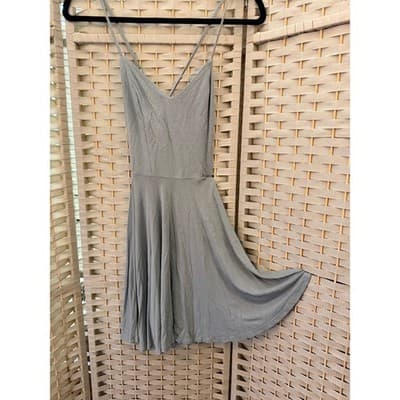 Forever 21 Solid Cami Fit Flare Skater Mini Dress S Gray Criss Cross Back Straps