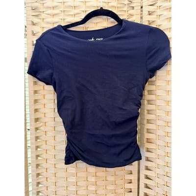 Pink Rose Short Sleeve Ruched Top Small Navy Blue Cropped Style Crew Neck