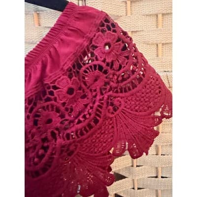 Tovia Off The Shoulder Lace Blouse Small Maroon Eyelet Trim Crochet Boho - Thumbnail 6