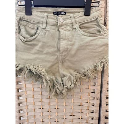 Fashion Nova Only Good Energy Frayed Hem Denim Short Sage Green Small - Thumbnail 4