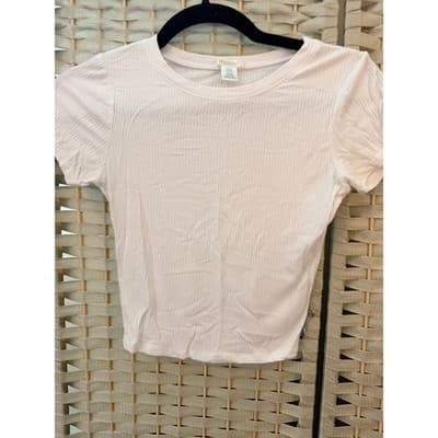 Bozzolo Crew Neck Ribbed Short Sleeve Crop Top S White Fitted Stretch Tee - Thumbnail 2