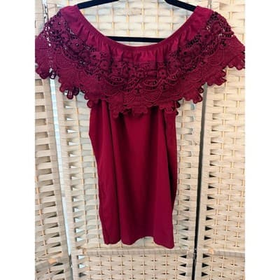 Tovia Off The Shoulder Lace Blouse Small Maroon Eyelet Trim Crochet Boho - Thumbnail 9