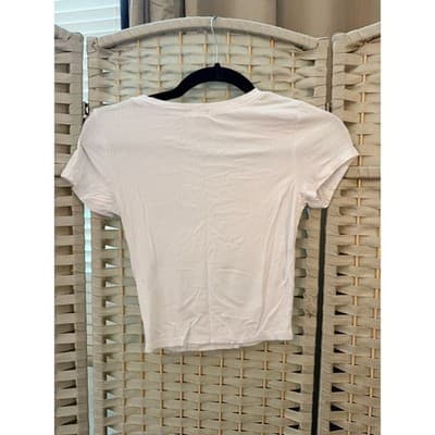 Bozzolo Crew Neck Ribbed Short Sleeve Crop Top S White Fitted Stretch Tee - Thumbnail 7