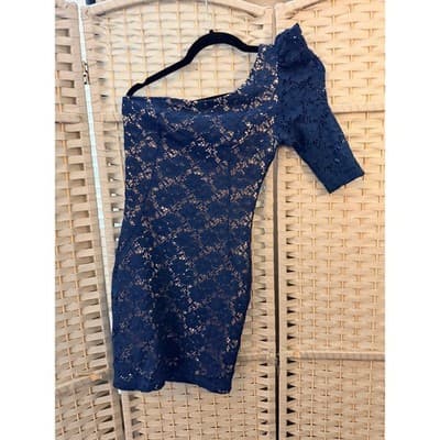 MYSTIC One Shoulder Bodycon Lace Mini Dress Blue M Asymmetrical Neckline - Thumbnail 2