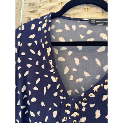 INC International Concepts Womens Navy Long Sleeve Blouse Gold Beaded Trim L - Thumbnail 6