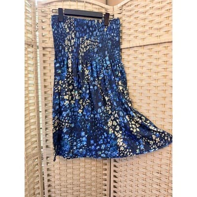 Women's Strapless Abstract Floral Print Elastic Smocked Tube Mini Dress Blue XL - Thumbnail 4