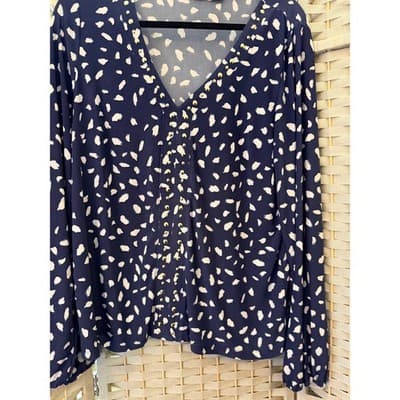 INC International Concepts Womens Navy Long Sleeve Blouse Gold Beaded Trim L - Thumbnail 3