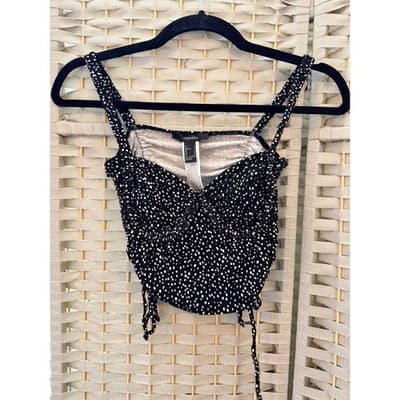 Forever 21 Ruched Sweetheart Crop Top S Black Ditsy Polka Dot Sleeveless NWT - Thumbnail 3