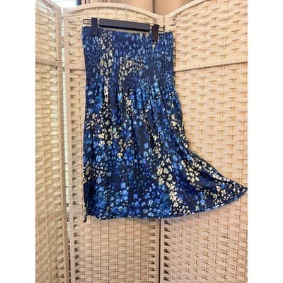 Women's Strapless Abstract Floral Print Elastic Smocked Tube Mini Dress Blue XL - Thumbnail 3