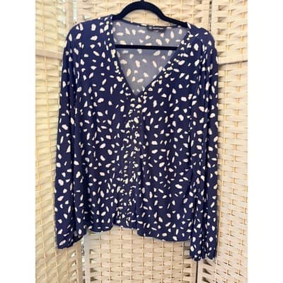 INC International Concepts Womens Navy Long Sleeve Blouse Gold Beaded Trim L - Thumbnail 2