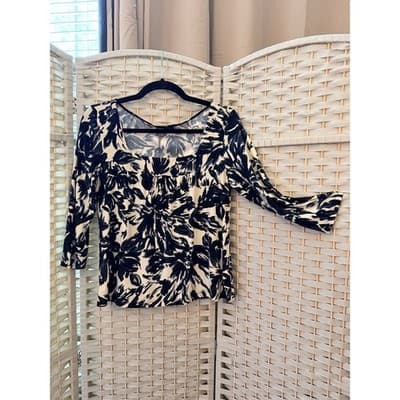 Jonden Floral Wide Square Neckline Three Quarter Length Sleeves Blouse Black - Thumbnail 3