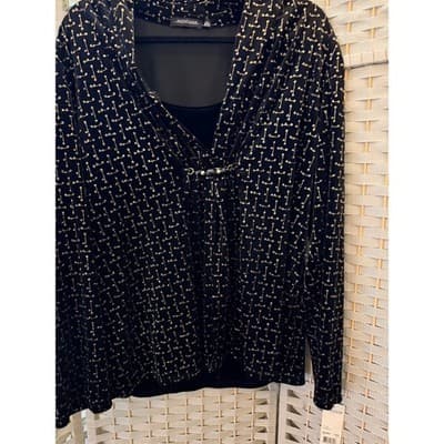Notations Long Sleeve Pull Over Blouse XL Black Velvet Gold Shimmers Details NWT - Thumbnail 5