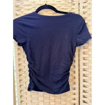 Pink Rose Short Sleeve Ruched Top Small Navy Blue Cropped Style Crew Neck - Thumbnail 7