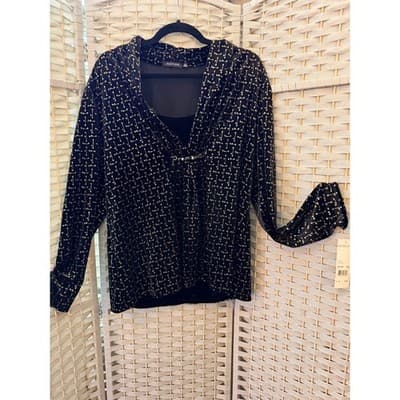 Notations Long Sleeve Pull Over Blouse XL Black Velvet Gold Shimmers Details NWT - Thumbnail 3