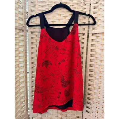 Women's Floral Print V Neck Camisole Wide Shoulder Strap Sleeveless Top Red - Thumbnail 2