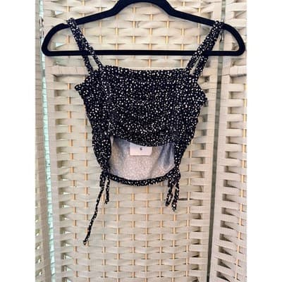 Forever 21 Ruched Sweetheart Crop Top S Black Ditsy Polka Dot Sleeveless NWT - Thumbnail 7