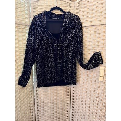 Notations Long Sleeve Pull Over Blouse XL Black Velvet Gold Shimmers Details NWT - Thumbnail 2