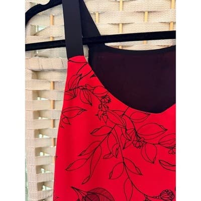 Women's Floral Print V Neck Camisole Wide Shoulder Strap Sleeveless Top Red - Thumbnail 4