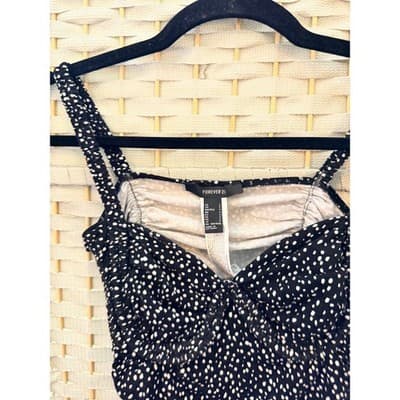 Forever 21 Ruched Sweetheart Crop Top S Black Ditsy Polka Dot Sleeveless NWT - Thumbnail 6