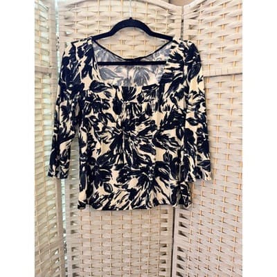 Jonden Floral Wide Square Neckline Three Quarter Length Sleeves Blouse Black