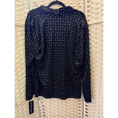 Notations Long Sleeve Pull Over Blouse XL Black Velvet Gold Shimmers Details NWT - Thumbnail 11