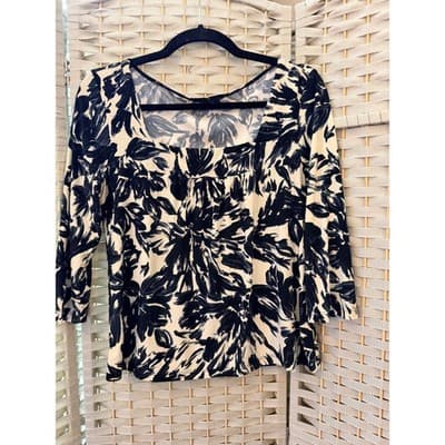 Jonden Floral Wide Square Neckline Three Quarter Length Sleeves Blouse Black - Thumbnail 2