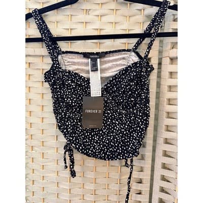 Forever 21 Ruched Sweetheart Crop Top S Black Ditsy Polka Dot Sleeveless NWT - Thumbnail 2