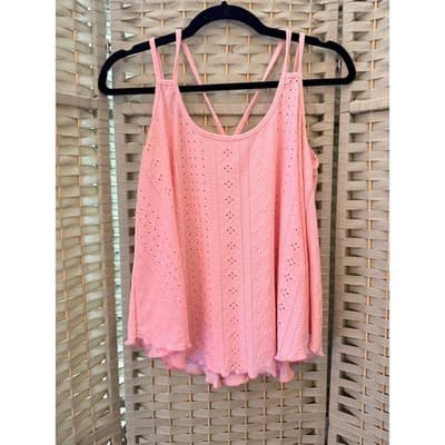 SHEIN Eyelet Embroidery Boho Cami Top L Baby Pink Summer Halter Flowy Hemline