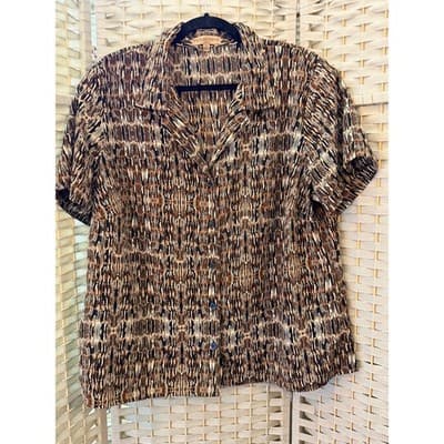 Notations Woman Button Up Blouse Womens 3X Brown Abstract Print Short Sleeve