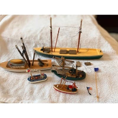 Vintage Wooden Nautical Boat Ship Set Fishing Trawler Sailboat Decor Lot of 5
