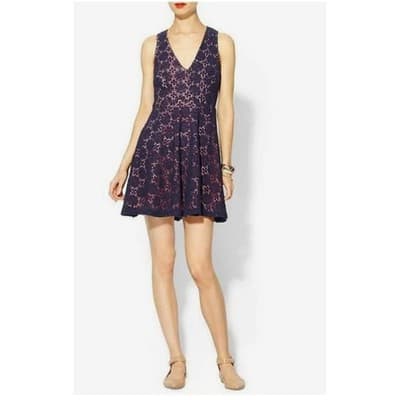 French Connection Elena V Neck Mini Dress Small 4 Navy Blue Crochet Fully Lined