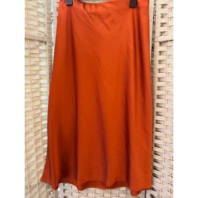 Women's Satin Casual Silk High Waisted Pull On Midi Skirt Orange Small - Thumbnail 2