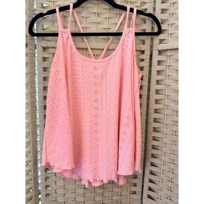 SHEIN Eyelet Embroidery Boho Cami Top L Baby Pink Summer Halter Flowy Hemline - Thumbnail 2