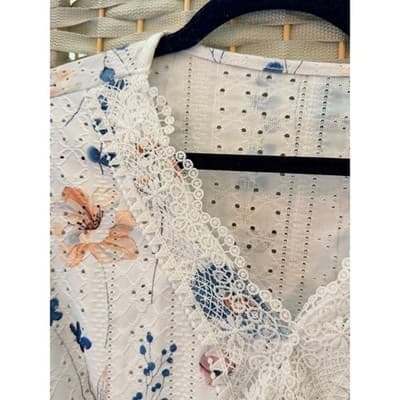 SHEIN Curve Plus Size Boho Floral Printed Lace Trim Top 1X White Short Sleeve - Thumbnail 7