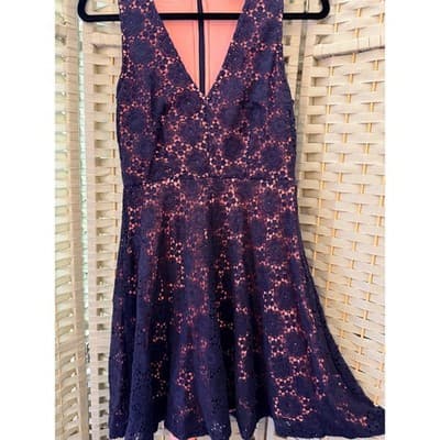 French Connection Elena V Neck Mini Dress Small 4 Navy Blue Crochet Fully Lined - Thumbnail 4