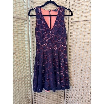 French Connection Elena V Neck Mini Dress Small 4 Navy Blue Crochet Fully Lined - Thumbnail 7