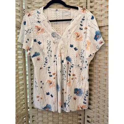 SHEIN Curve Plus Size Boho Floral Printed Lace Trim Top 1X White Short Sleeve - Thumbnail 2